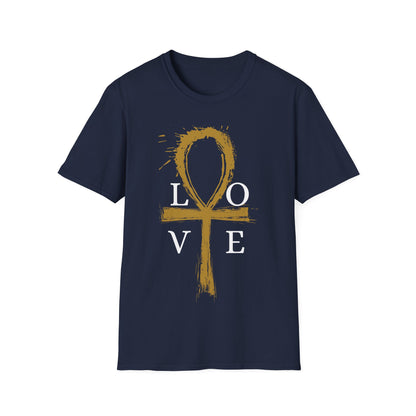 Ankh Love T-Shirt — Gold Brushstroke Ankh "LOVE" Tee