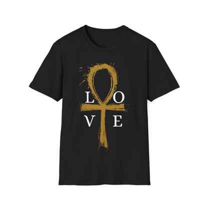Ankh Love T-Shirt — Gold Brushstroke Ankh "LOVE" Tee