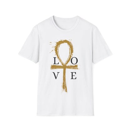 Ankh Love T-Shirt — Gold Brushstroke Ankh "LOVE" Tee