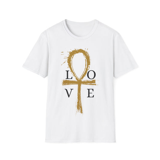 Ankh Love T-Shirt — Gold Brushstroke Ankh "LOVE" Tee